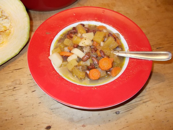 Bohnen-Zukkini-Suppe mit den Samen einer grünen Bohne ("Telstar")