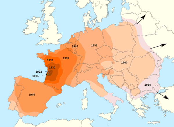 Karte mit den Jahresringen der Ausbreitung des Kartoffelkäfers über Europa