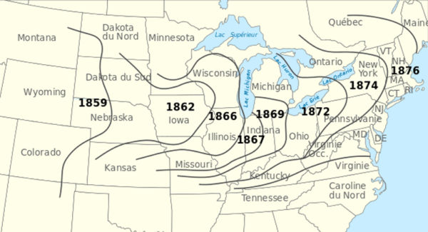 Karte mit der Ausbreitung des Kartoffelkäfers in den USA ab 1859