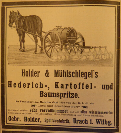 Anzeige für pferdegezogenes Spritzgerät