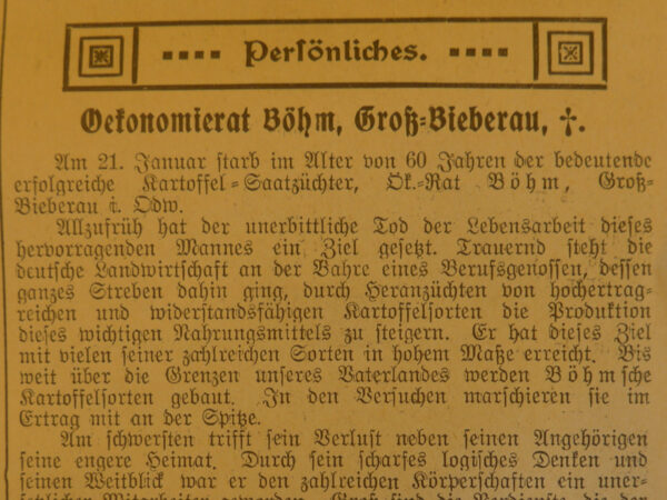 Todesanzeige Georg Freidrich Böhm in der Deutschen Landwirtschaftlichen Presse vom 4. Februar 1922