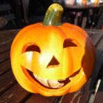 Jack-o'-lantern on a cafe table