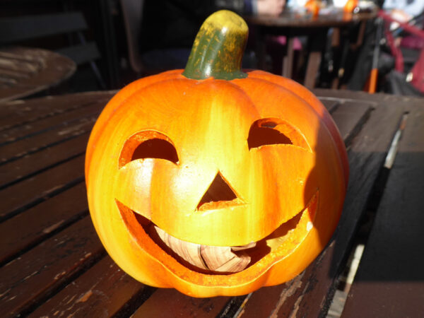 Jack-o'-lantern on a cafe table