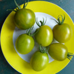 Fünf gelb-grüne Tomaten zusammen mit einer gelb-grün gestreiften auf Teller