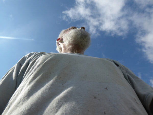 Bärtiger Mensch von unten fotografiert vor blauem Himmel